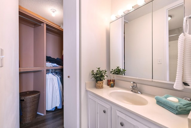 bathroom featuring a spacious closet, wood finished floors, and vanity