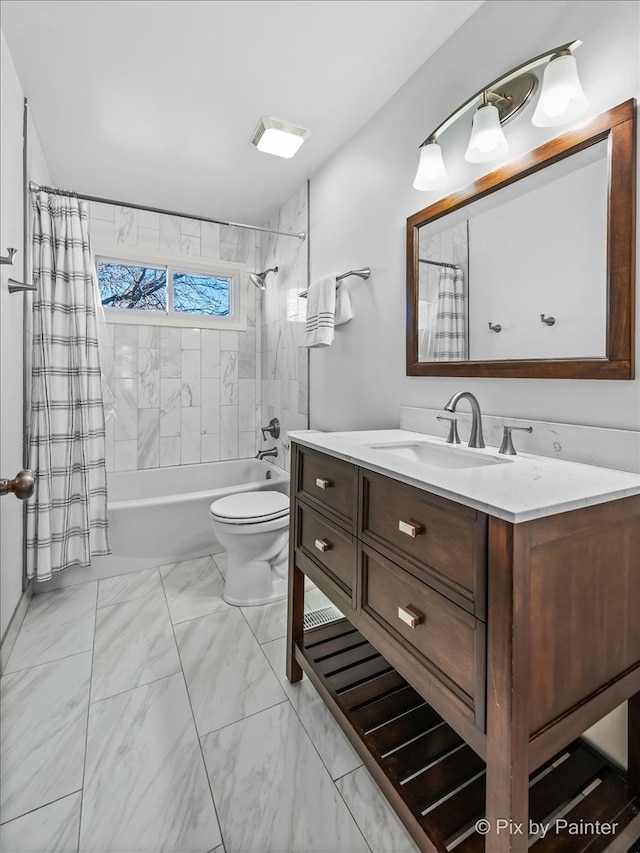 full bathroom featuring shower / bath combination with curtain, vanity, and toilet