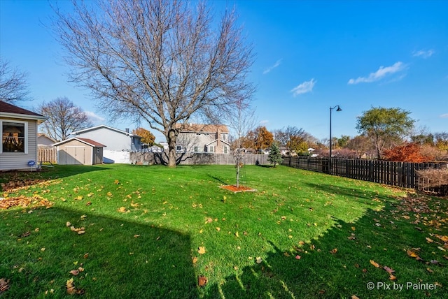 view of yard with a storage shed