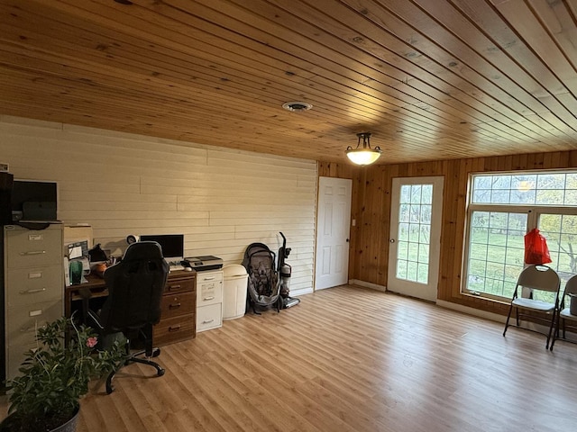 office area featuring wood walls, light hardwood / wood-style flooring, and wooden ceiling