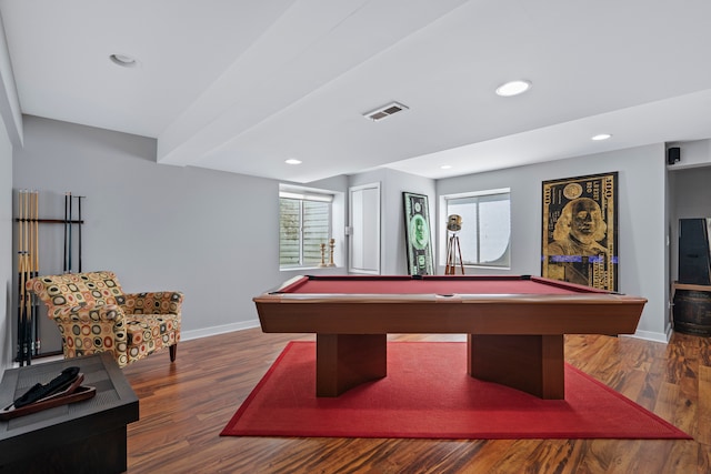 rec room featuring pool table and dark hardwood / wood-style flooring