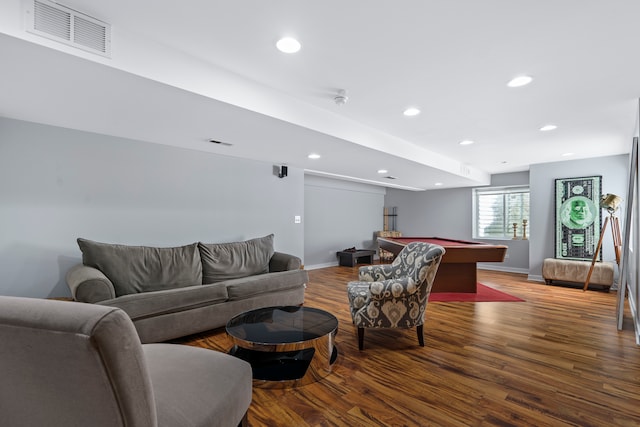 living room with billiards and wood-type flooring