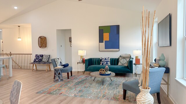 living room with hardwood / wood-style floors and high vaulted ceiling