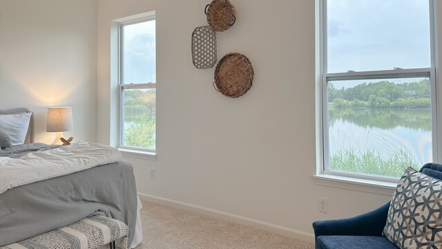 bedroom with carpet floors and a water view