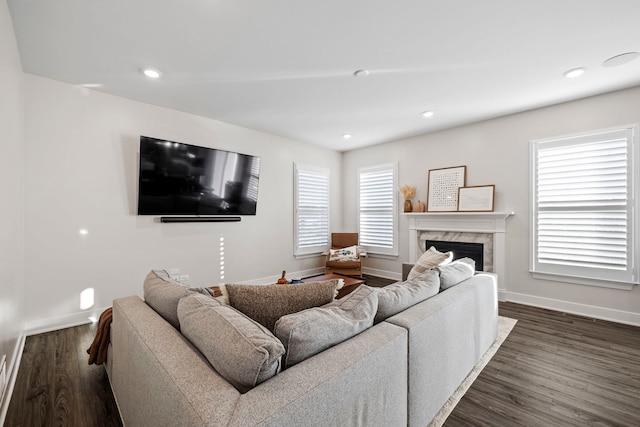 living room with dark hardwood / wood-style flooring and a premium fireplace