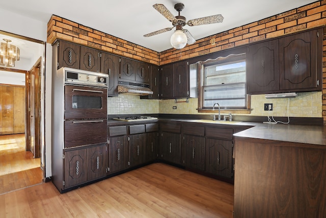 kitchen with stainless steel gas cooktop, sink, dark brown cabinets, and light hardwood / wood-style flooring