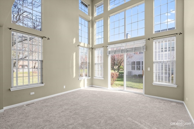 spare room with carpet and a towering ceiling