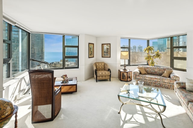 carpeted living room with a water view, a wall of windows, and plenty of natural light