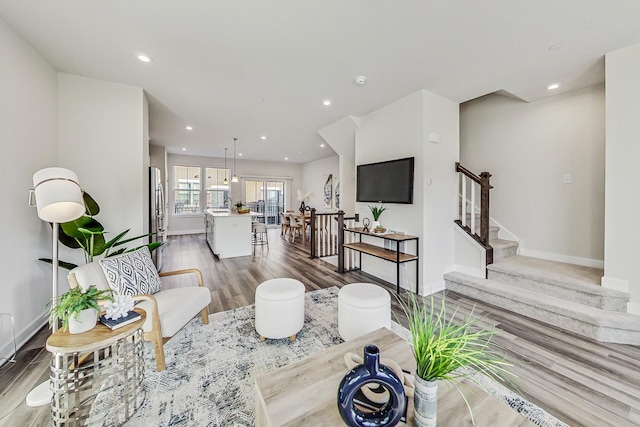 living room featuring hardwood / wood-style flooring and sink