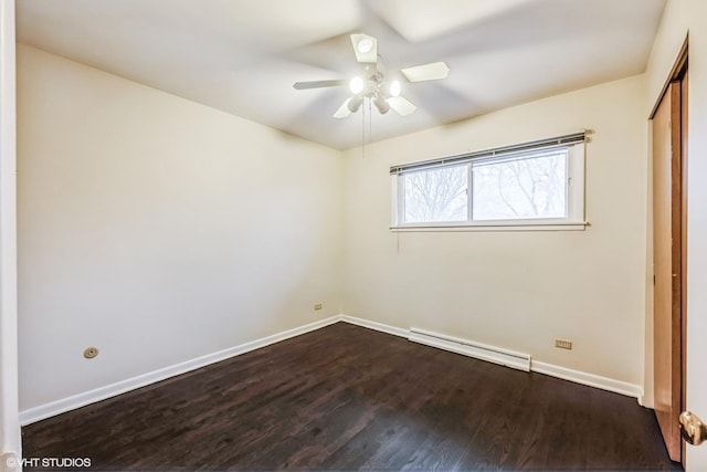 unfurnished room with hardwood / wood-style flooring, ceiling fan, and baseboard heating