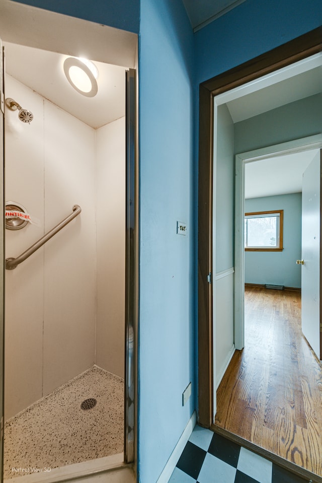 bathroom with hardwood / wood-style floors