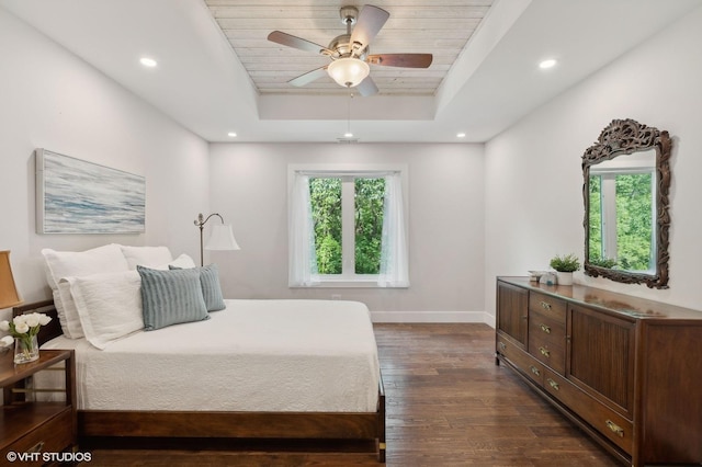 bedroom with multiple windows, a raised ceiling, dark wood-type flooring, and baseboards