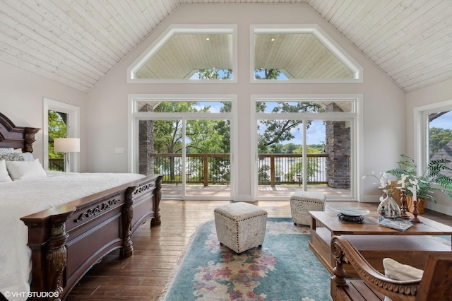 bedroom featuring high vaulted ceiling, wood ceiling, hardwood / wood-style floors, and access to outside