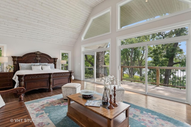 bedroom featuring baseboards, high vaulted ceiling, wood-type flooring, wooden ceiling, and access to outside