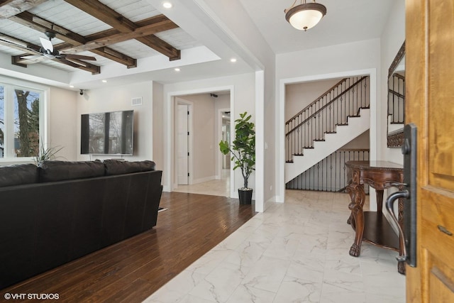 entrance foyer featuring visible vents, beam ceiling, marble finish floor, recessed lighting, and ceiling fan