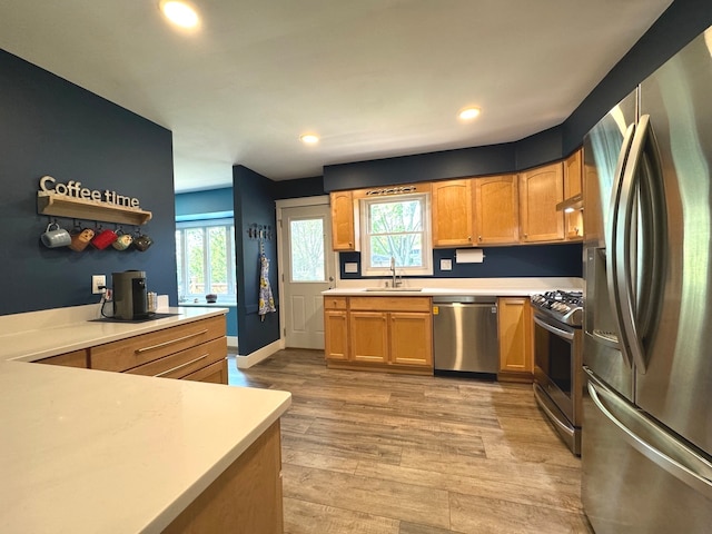 kitchen with light hardwood / wood-style floors, sink, and appliances with stainless steel finishes