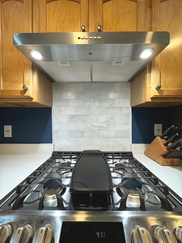 kitchen featuring exhaust hood, decorative backsplash, and stainless steel range oven