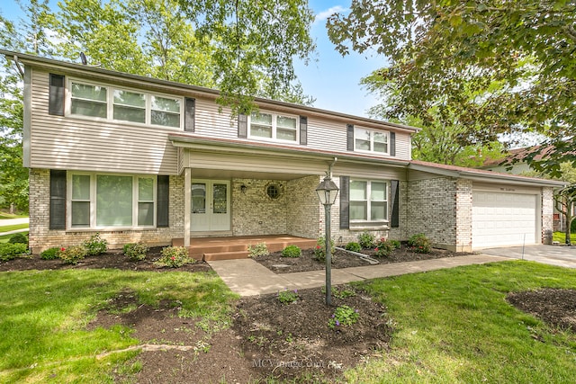 view of front of home featuring a garage, a porch, and a front yard