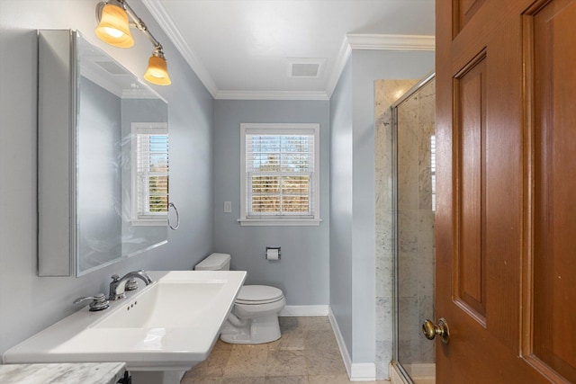 bathroom featuring walk in shower, crown molding, and toilet