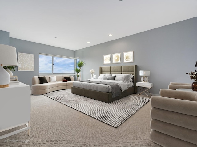 bedroom with recessed lighting and carpet flooring