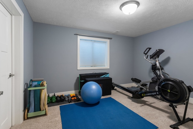 exercise area featuring carpet and a textured ceiling