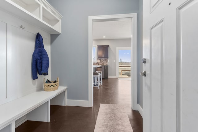 mudroom with dark hardwood / wood-style floors