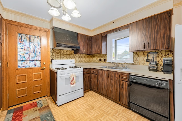 kitchen with white gas range, dishwasher, wall chimney exhaust hood, sink, and tasteful backsplash