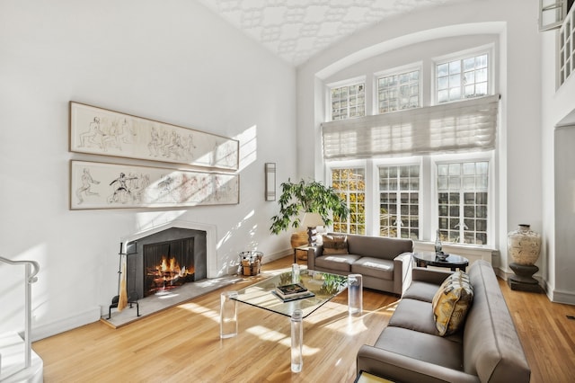 living room featuring hardwood / wood-style flooring and a high ceiling