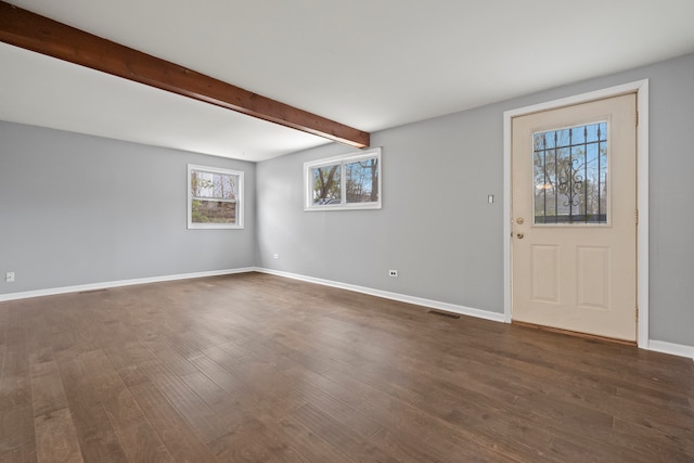 foyer featuring beam ceiling, a healthy amount of sunlight, and dark hardwood / wood-style floors