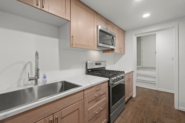 kitchen featuring light brown cabinetry, stainless steel appliances, dark hardwood / wood-style floors, and sink