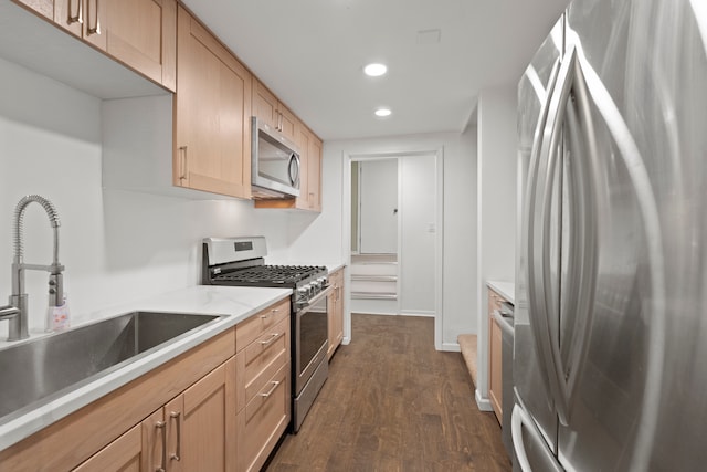 kitchen with dark hardwood / wood-style flooring, light brown cabinetry, sink, and appliances with stainless steel finishes