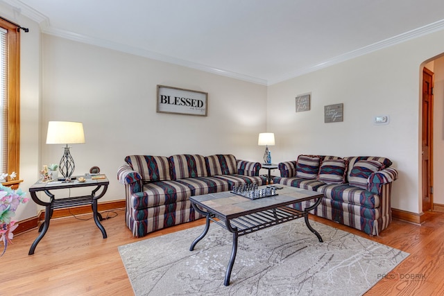 living room featuring wood-type flooring and crown molding