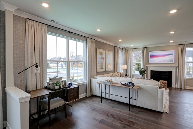 living room with dark wood-type flooring, a healthy amount of sunlight, and ornamental molding