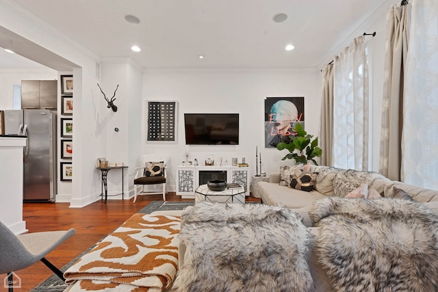 living room featuring a fireplace, ornamental molding, and dark hardwood / wood-style flooring