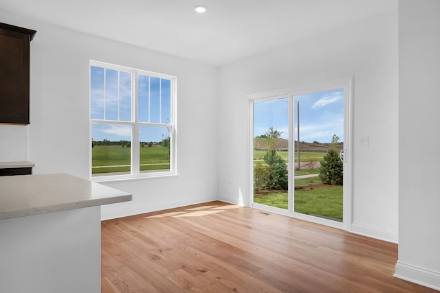 unfurnished dining area featuring a wealth of natural light and light hardwood / wood-style flooring