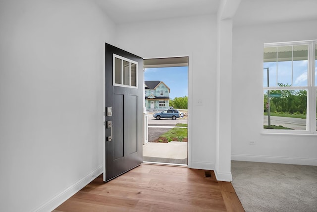 entryway with plenty of natural light and light hardwood / wood-style flooring