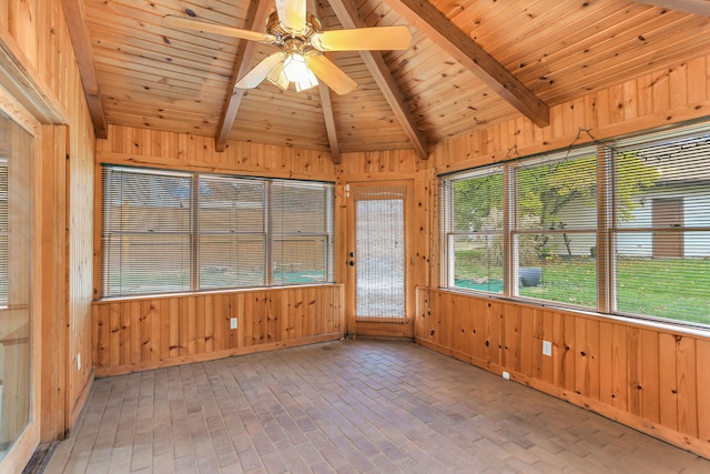 unfurnished sunroom with vaulted ceiling with beams, ceiling fan, and wooden ceiling