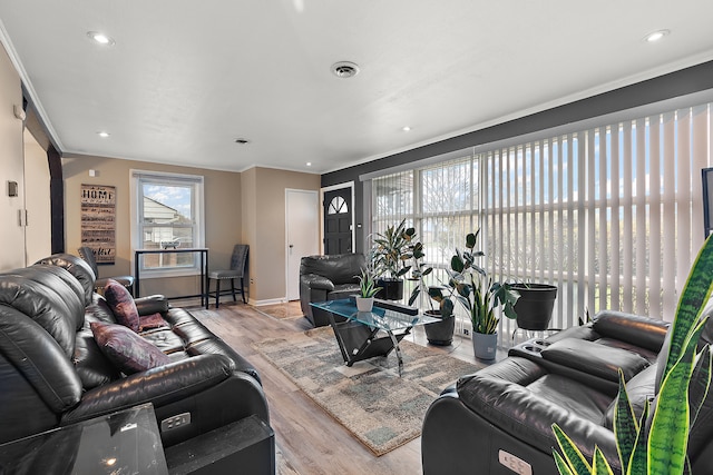 living room with light hardwood / wood-style floors and crown molding