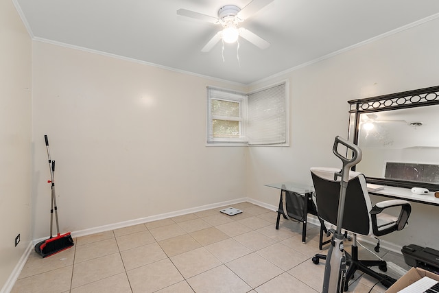 tiled office featuring ceiling fan and ornamental molding