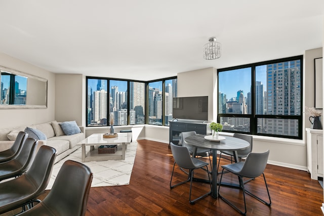 living room with expansive windows and dark hardwood / wood-style flooring