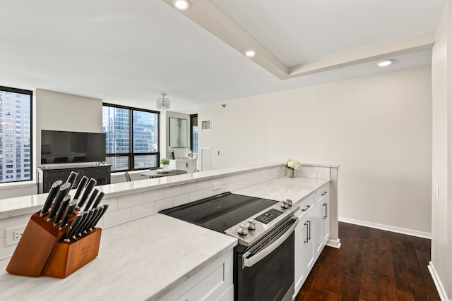 kitchen featuring white cabinets, stainless steel electric range oven, and dark wood-type flooring