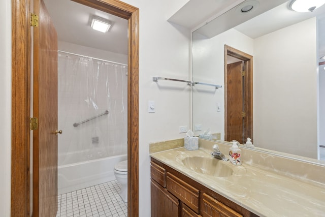 full bathroom featuring tile patterned flooring, vanity, toilet, and shower / bathtub combination with curtain