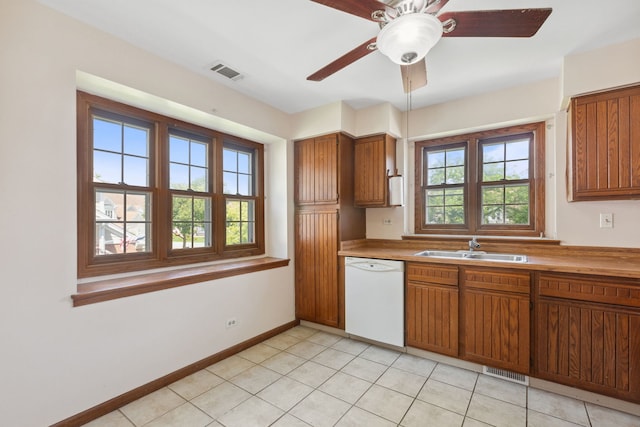 kitchen with ceiling fan, sink, light tile patterned floors, and white dishwasher