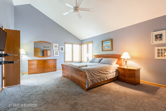 carpeted bedroom with high vaulted ceiling and ceiling fan