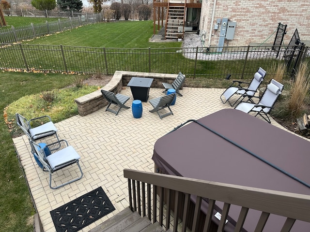 view of patio featuring a hot tub