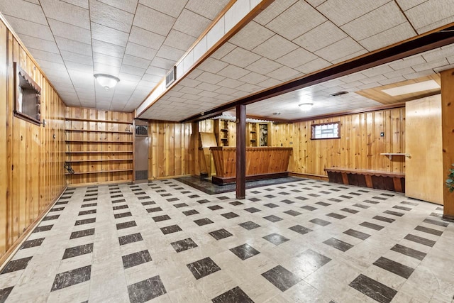 basement featuring wooden walls