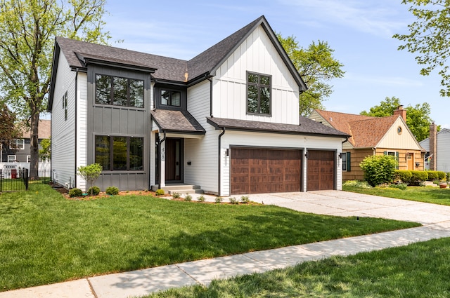 modern farmhouse style home with a garage and a front yard