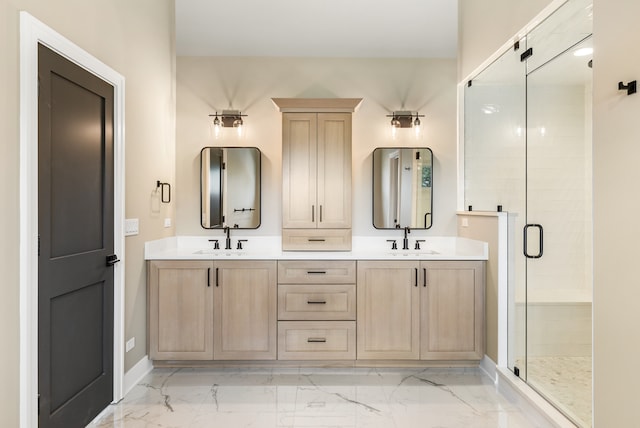 bathroom with a shower with shower door and vanity