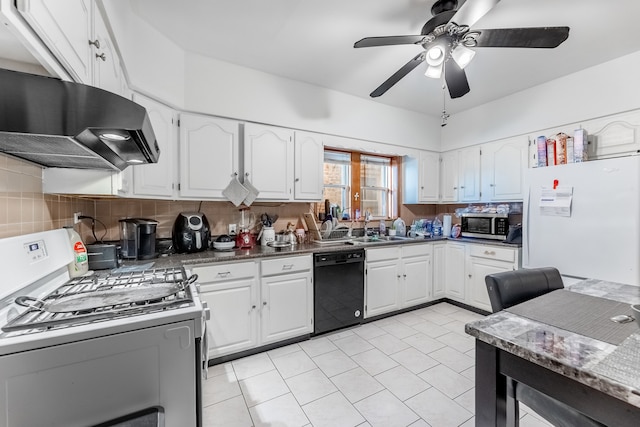 kitchen with white cabinetry, sink, tasteful backsplash, ceiling fan, and white appliances