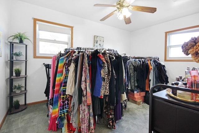 walk in closet with light colored carpet and ceiling fan